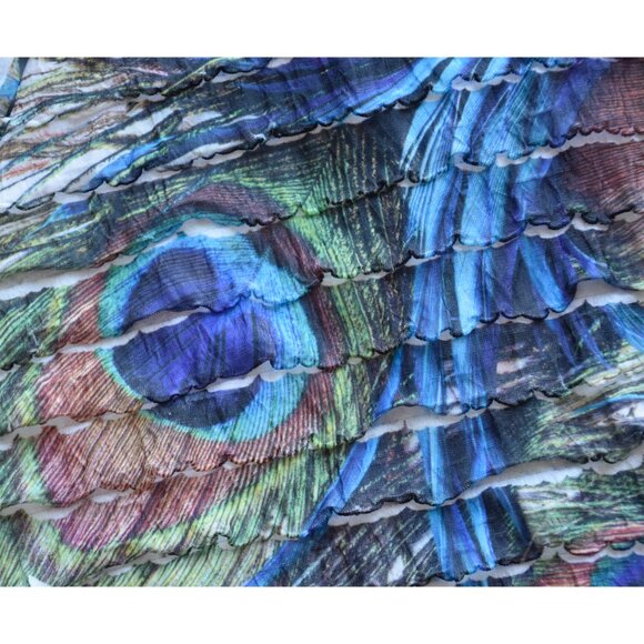 CURRENT/ELLIOTT RUFFLED BOAT NECK 3/4 SLEEVE PEACOCK PRINT MULTI BLOUSE. SIZE S - Picture 6 of 8